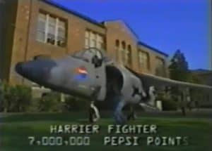 Harrier Jet infront of the a building. Sales promotions run by pepsi in the 1990's