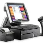 Point of Sale system replaces the cash register with a computer, a monitor, a barcode scanner and a credit card reader. 