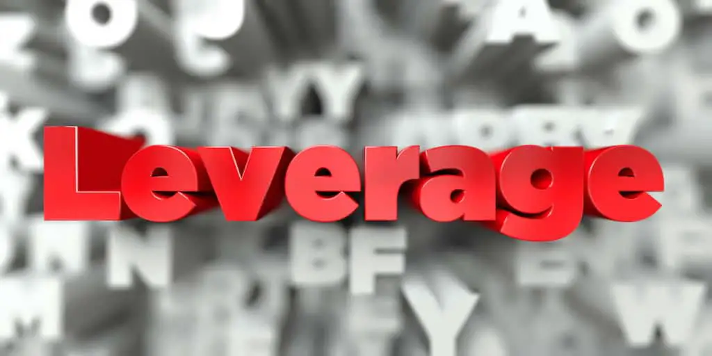 Leverage - Red text on typography background - 3D rendered royalty free stock image. This image can be used for an online website banner ad or a print postcard.
