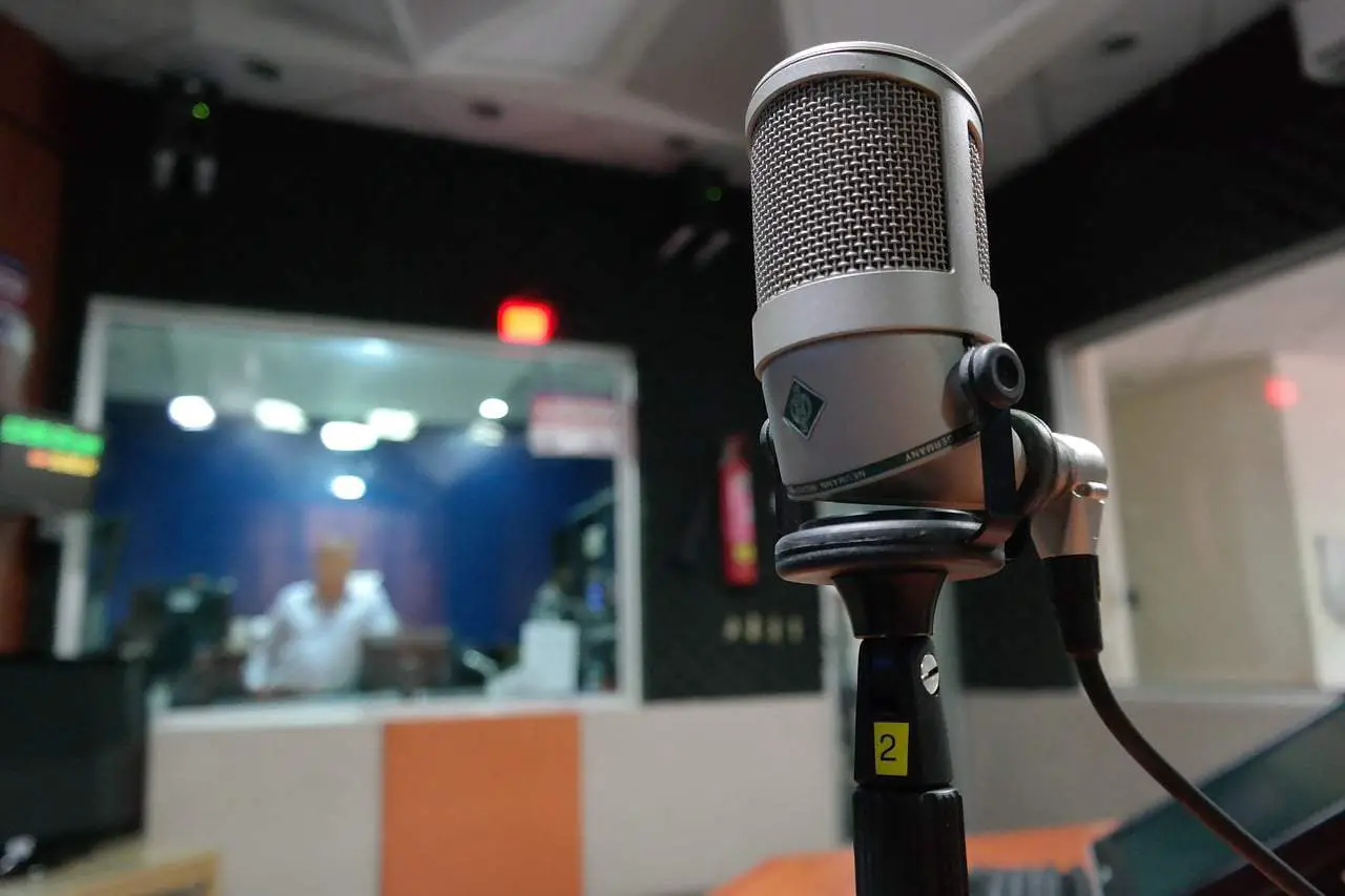 business podcast: photo focuses on a microphone in a recording booth, with the rest of the studio visible in the background
